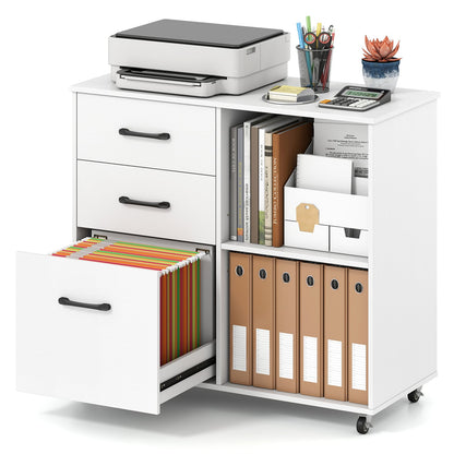 3-Drawer Mobile File Cabinet With Open Shelves, White