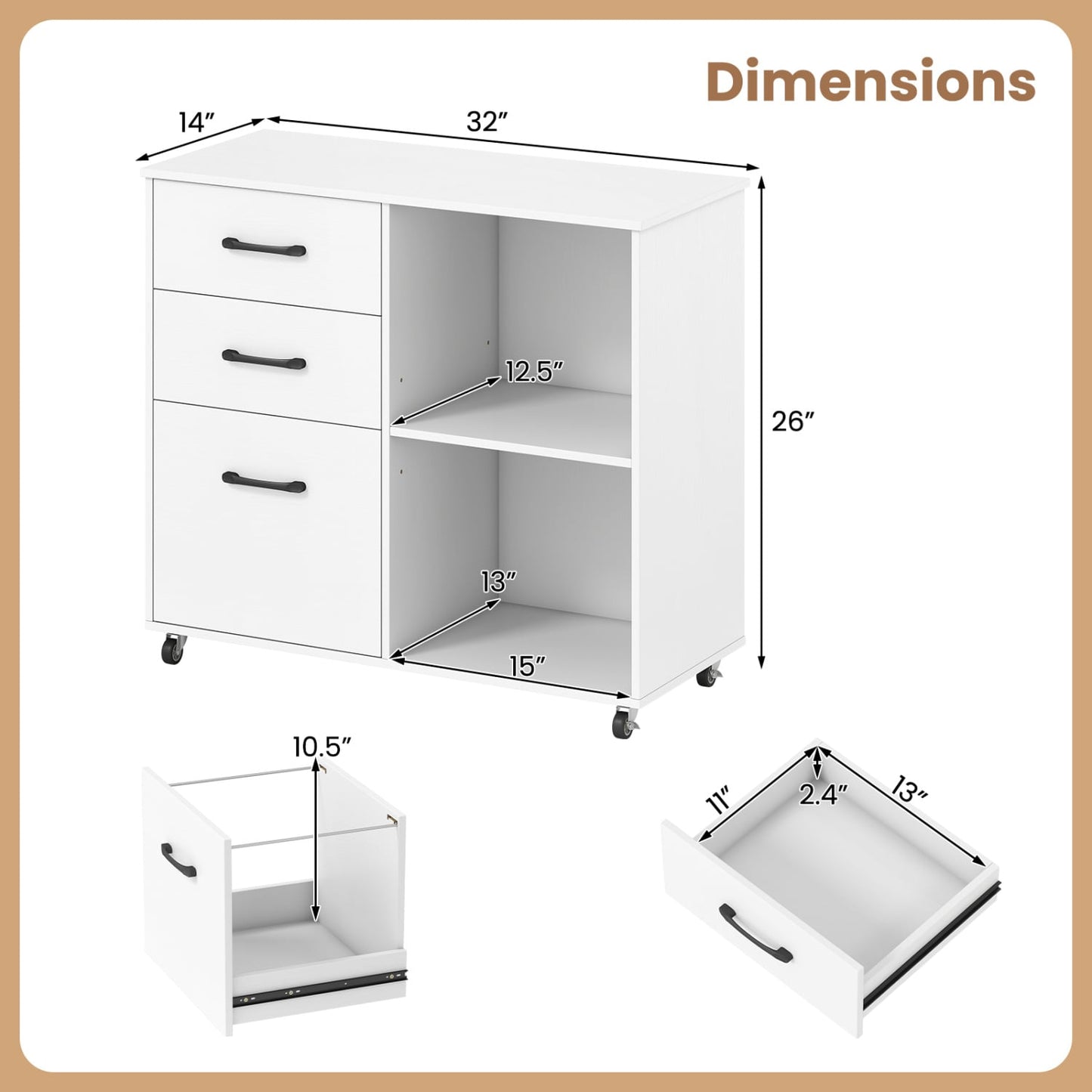 3-Drawer Mobile File Cabinet With Open Shelves, White