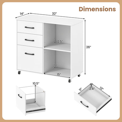 3-Drawer Mobile File Cabinet With Open Shelves, White