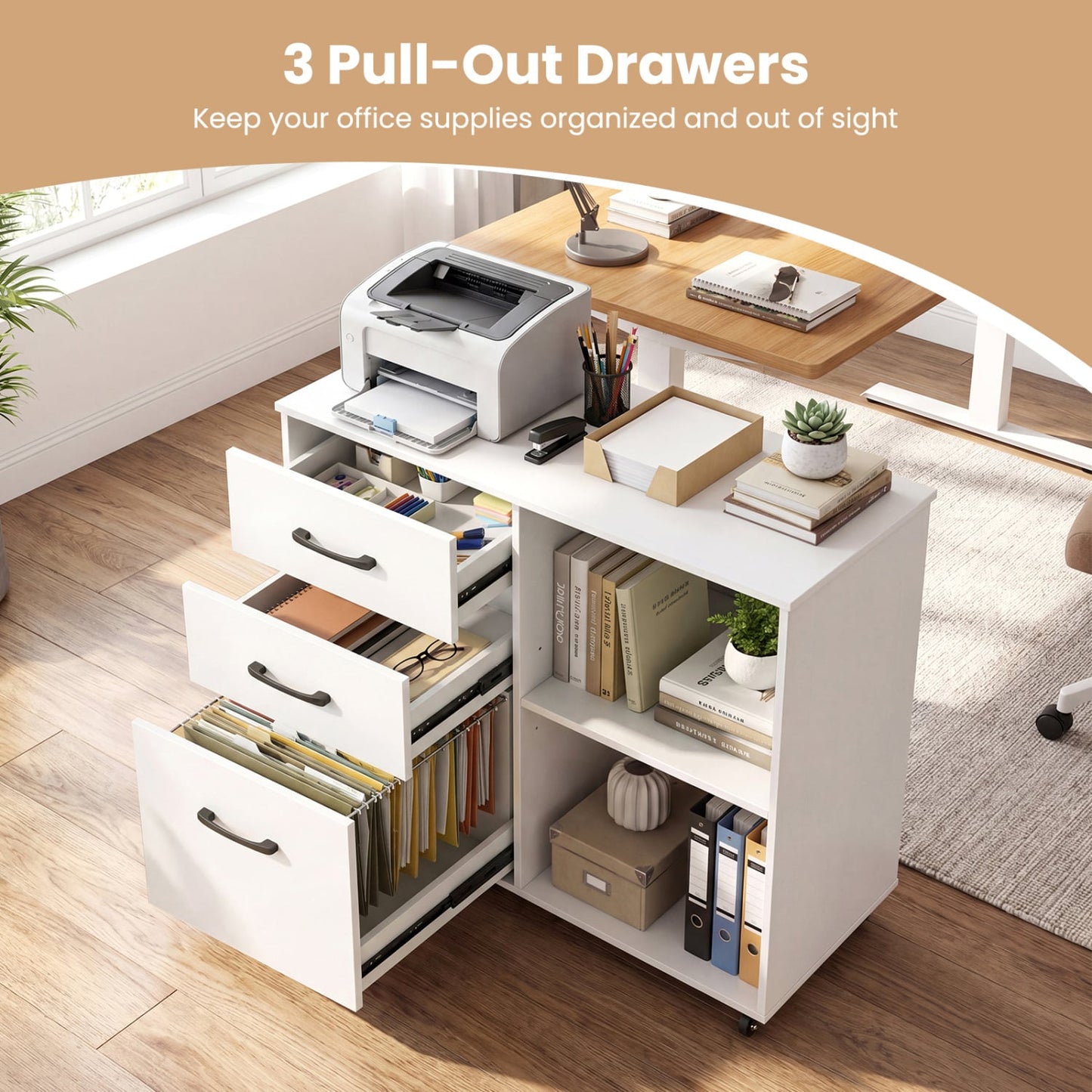 3-Drawer Mobile File Cabinet With Open Shelves, White