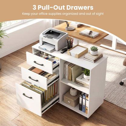 3-Drawer Mobile File Cabinet With Open Shelves, White