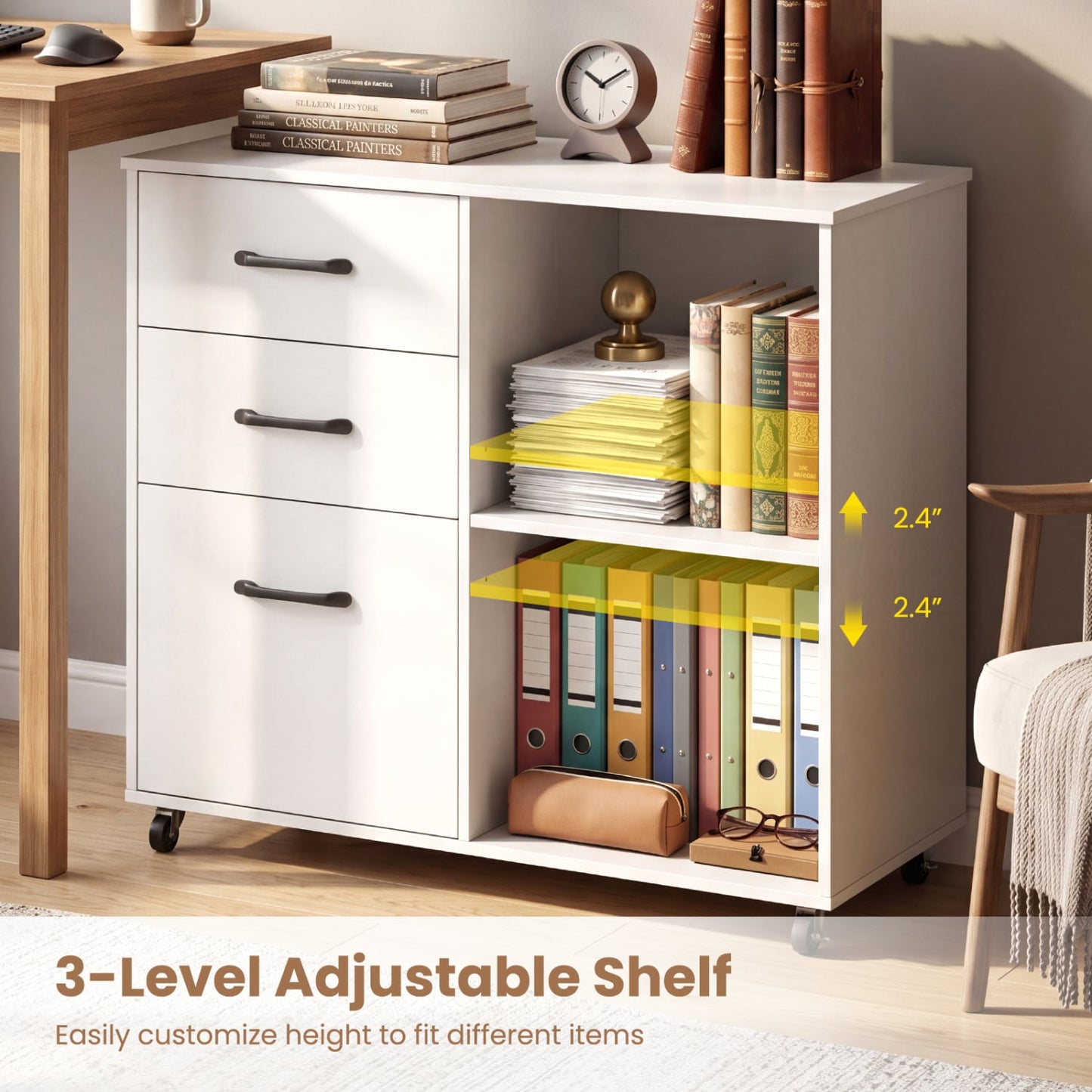 3-Drawer Mobile File Cabinet With Open Shelves, White