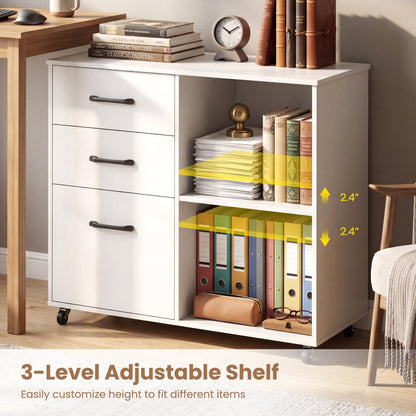 3-Drawer Mobile File Cabinet With Open Shelves, White