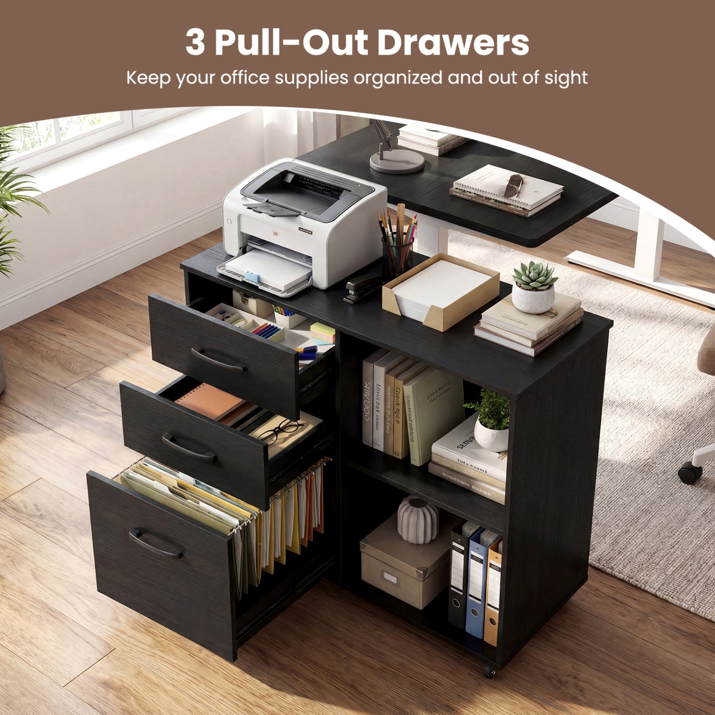 3-Drawer Mobile Lateral File Cabinet Printer Stand, Black File Cabinets at Gallery Canada