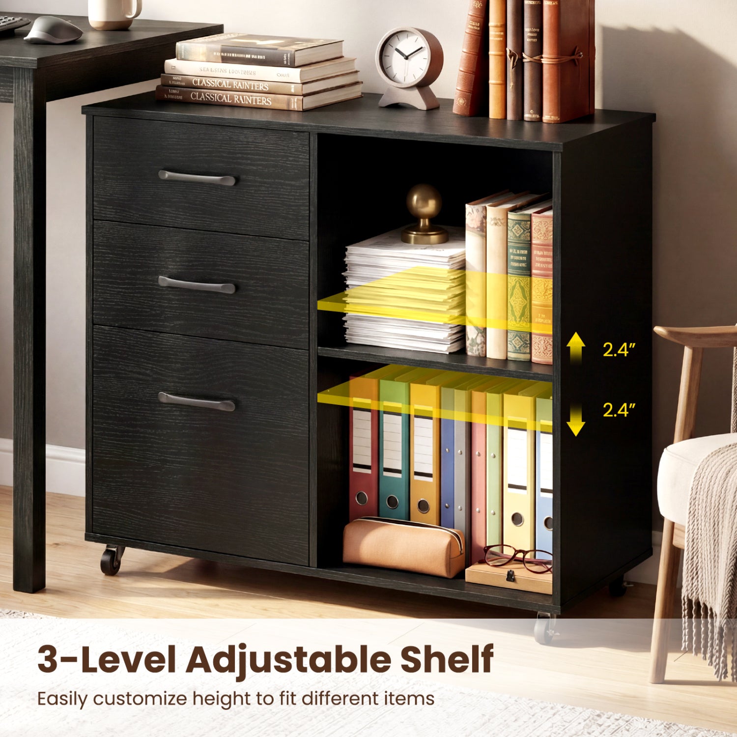 3-Drawer Mobile Lateral File Cabinet Printer Stand, Black File Cabinets at Gallery Canada