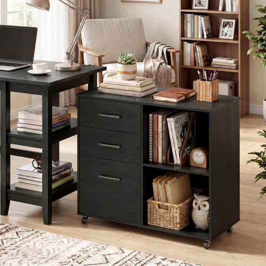 3-Drawer Mobile Lateral File Cabinet Printer Stand, Black File Cabinets Black at Gallery Canada