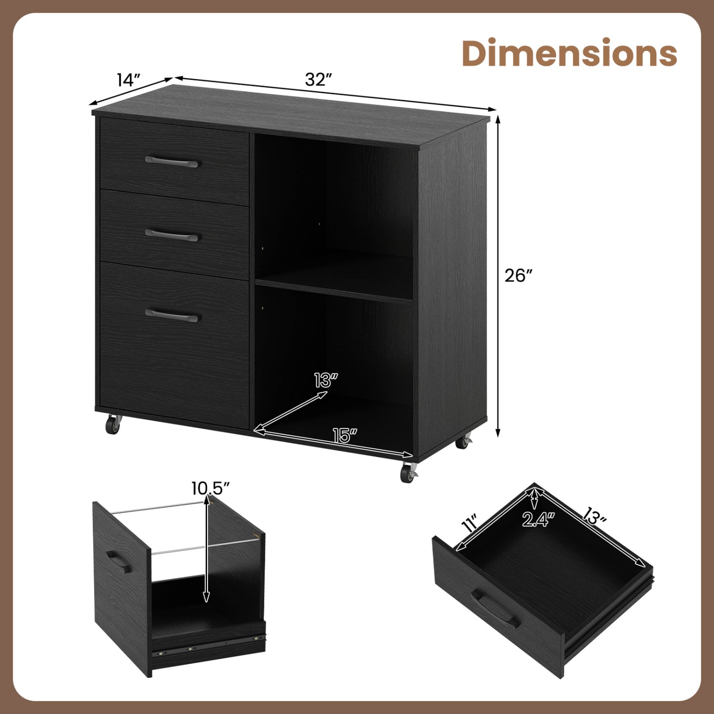 3-Drawer Mobile Lateral File Cabinet Printer Stand, Black File Cabinets at Gallery Canada