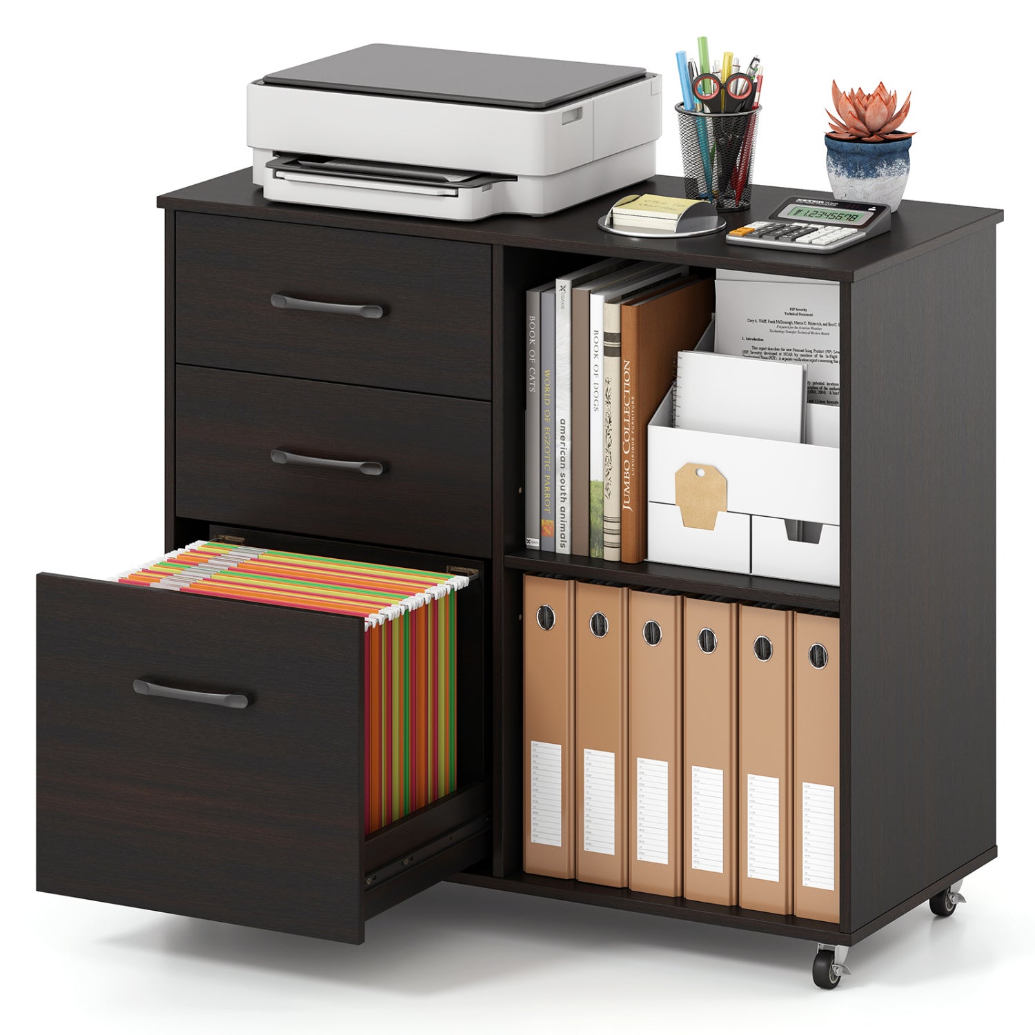 3-Drawer Mobile Lateral File Cabinet Printer Stand, Dark Brown File Cabinets at Gallery Canada