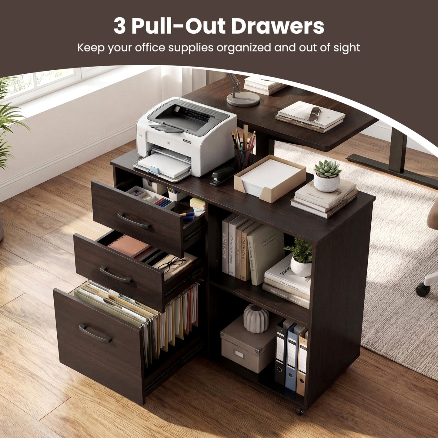 3-Drawer Mobile Lateral File Cabinet Printer Stand, Dark Brown File Cabinets at Gallery Canada