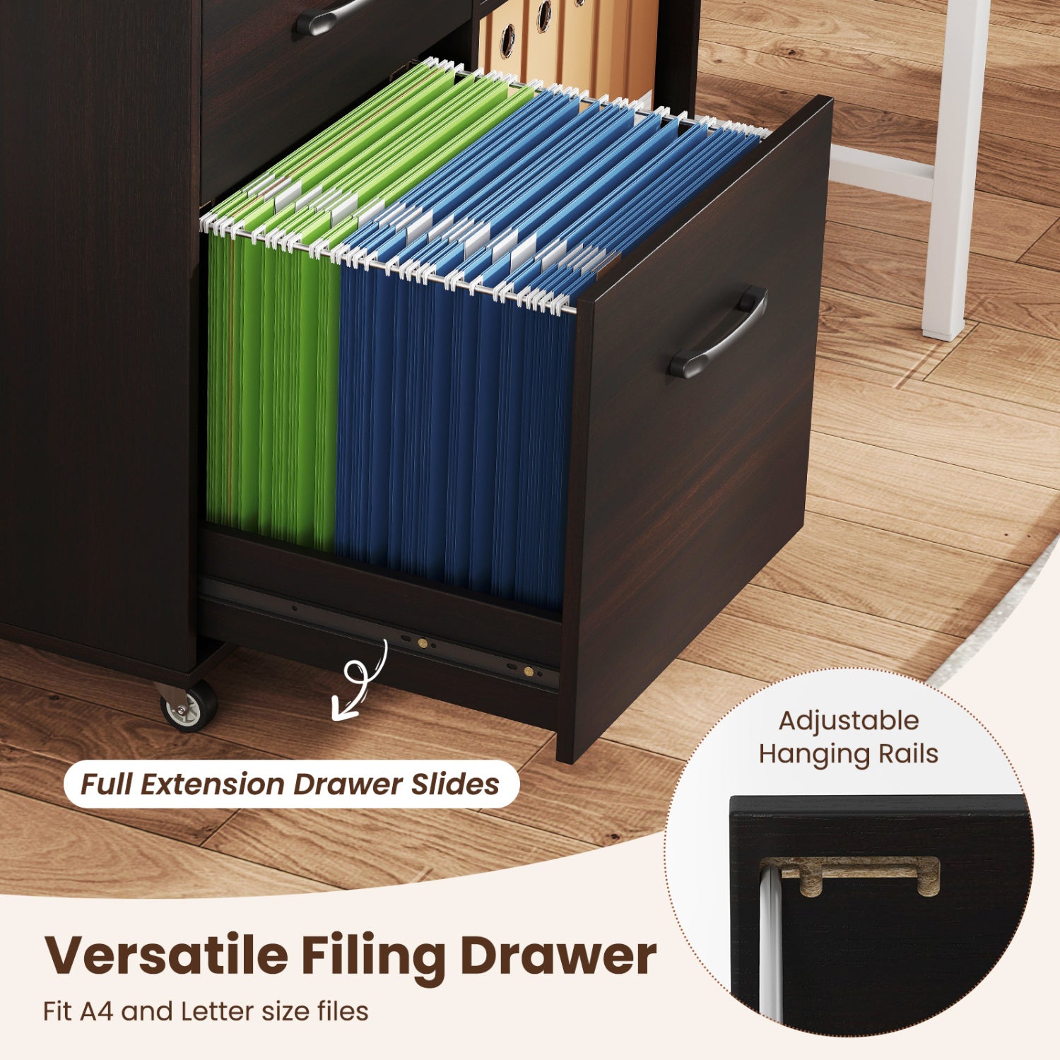 3-Drawer Mobile Lateral File Cabinet Printer Stand, Dark Brown File Cabinets at Gallery Canada