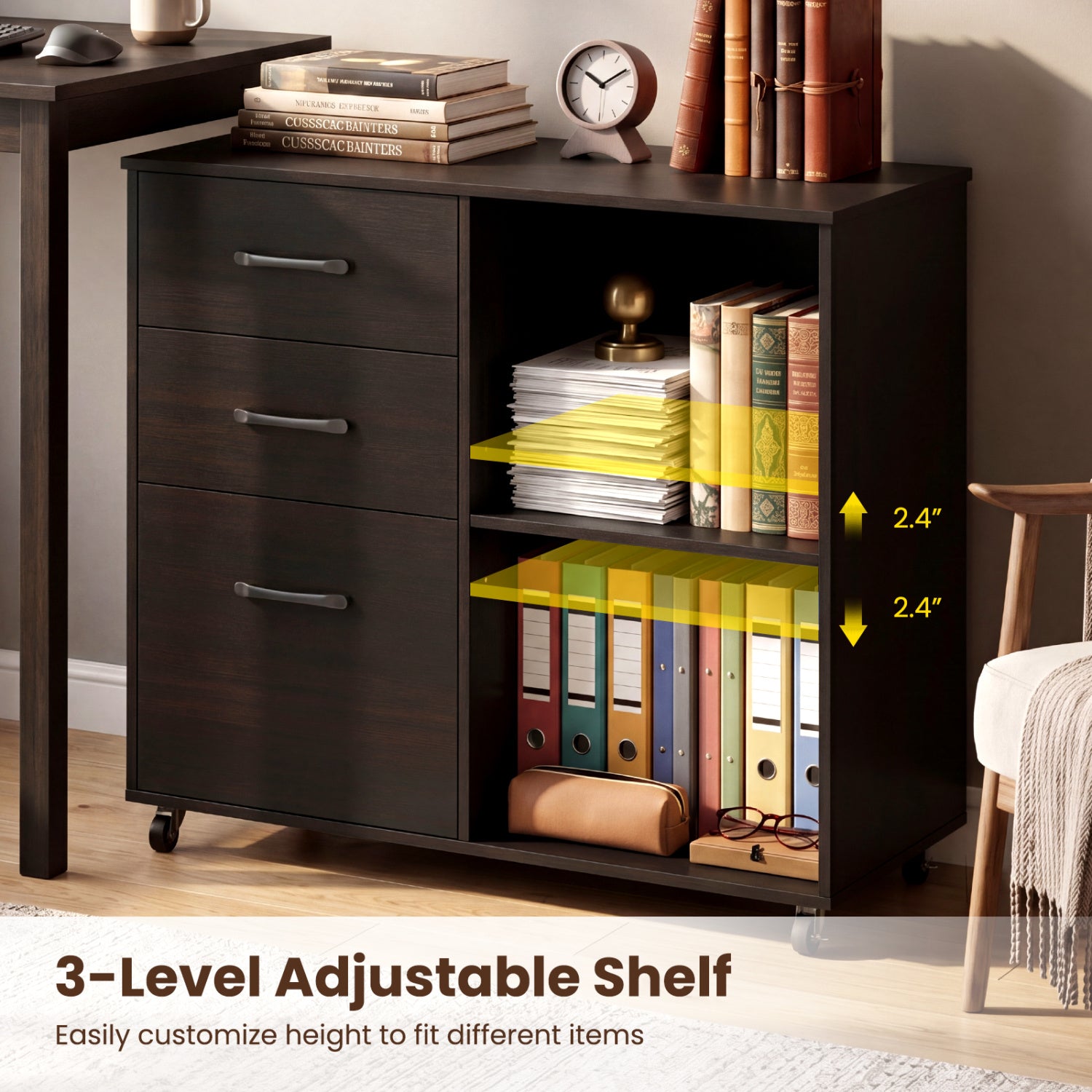 3-Drawer Mobile Lateral File Cabinet Printer Stand, Dark Brown File Cabinets at Gallery Canada