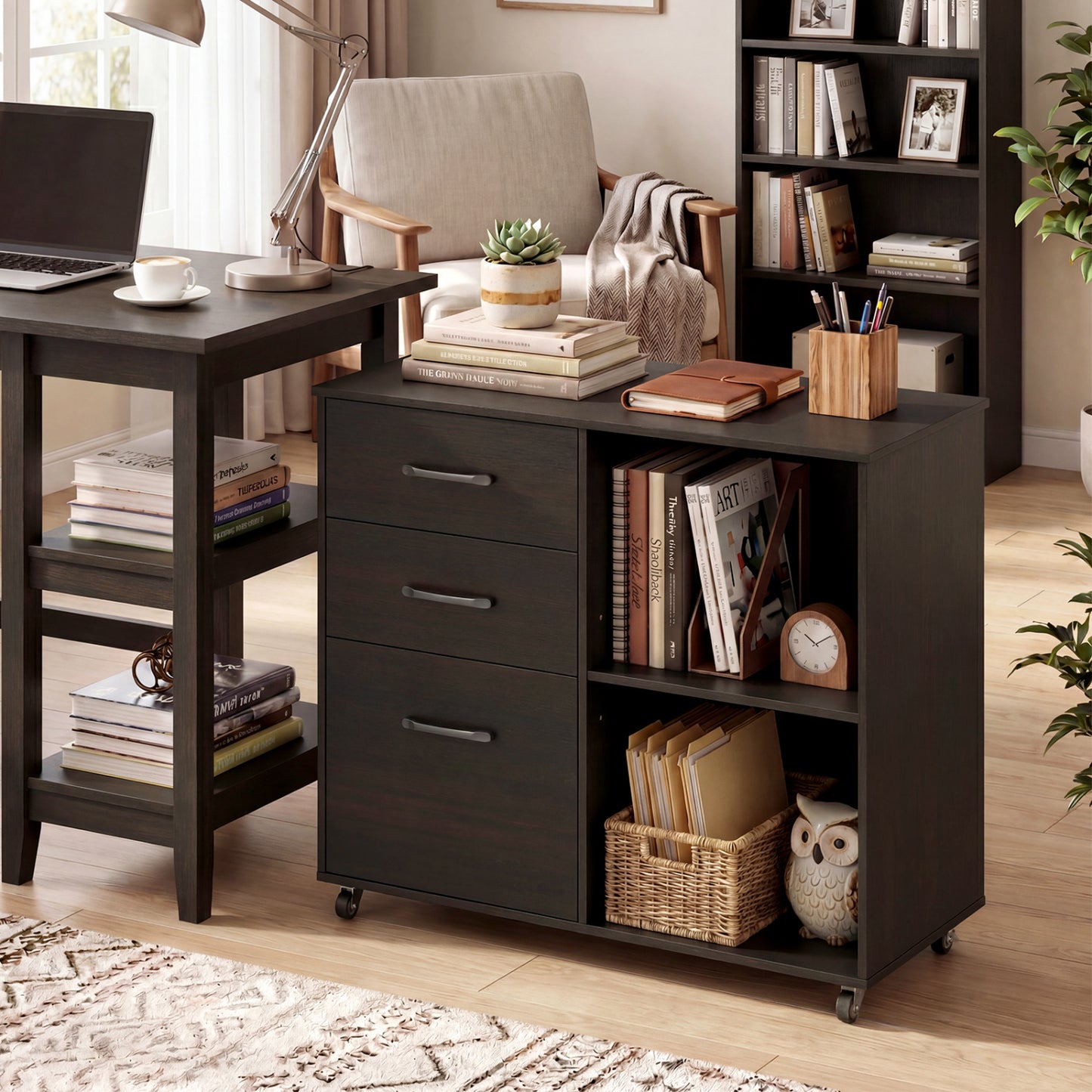 3-Drawer Mobile Lateral File Cabinet Printer Stand, Dark Brown File Cabinets at Gallery Canada