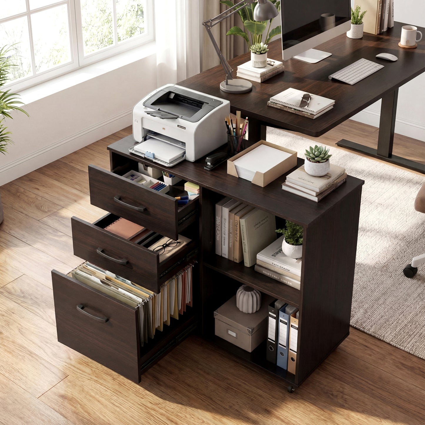 3-Drawer Mobile Lateral File Cabinet Printer Stand, Dark Brown File Cabinets at Gallery Canada