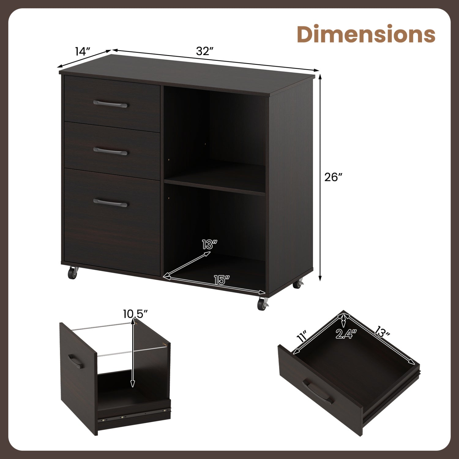 3-Drawer Mobile Lateral File Cabinet Printer Stand, Dark Brown File Cabinets at Gallery Canada