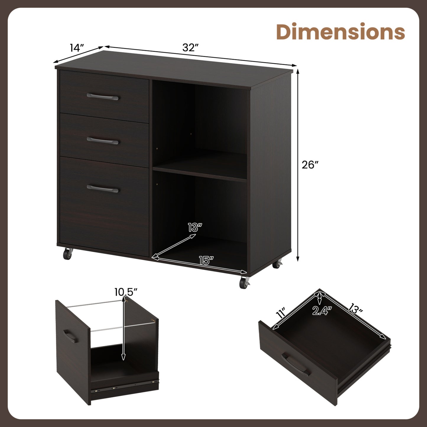 3-Drawer Mobile Lateral File Cabinet Printer Stand, Dark Brown File Cabinets at Gallery Canada