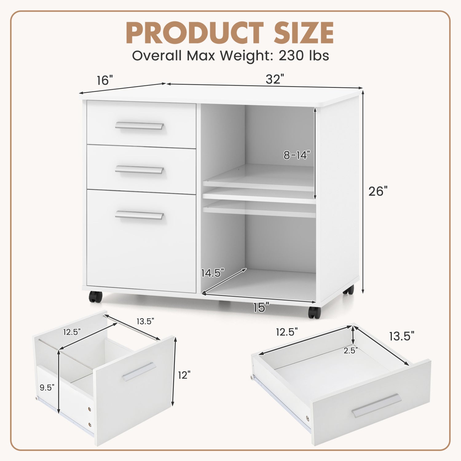 3-Drawer Mobile Lateral File Cabinet, Printer Stand, White File Cabinets at Gallery Canada