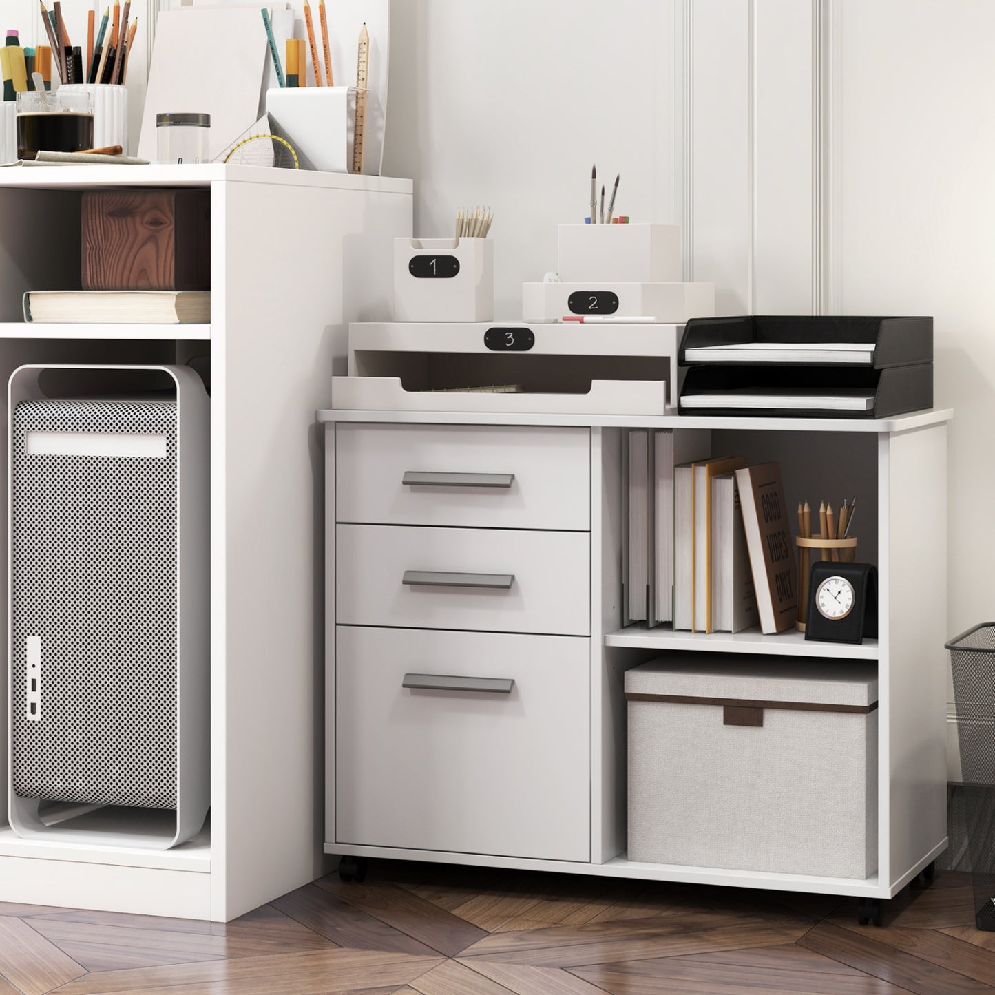 3-Drawer Mobile Lateral File Cabinet, Printer Stand, White File Cabinets at Gallery Canada