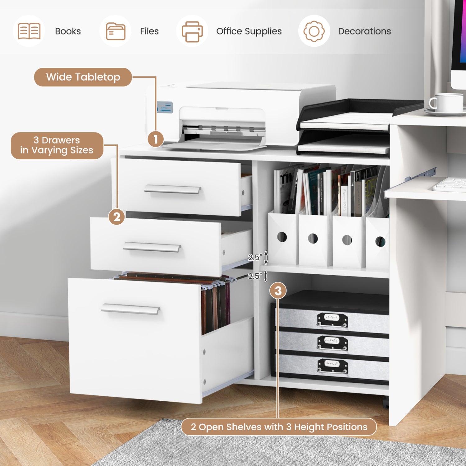 3-Drawer Mobile Lateral File Cabinet, Printer Stand, White File Cabinets at Gallery Canada