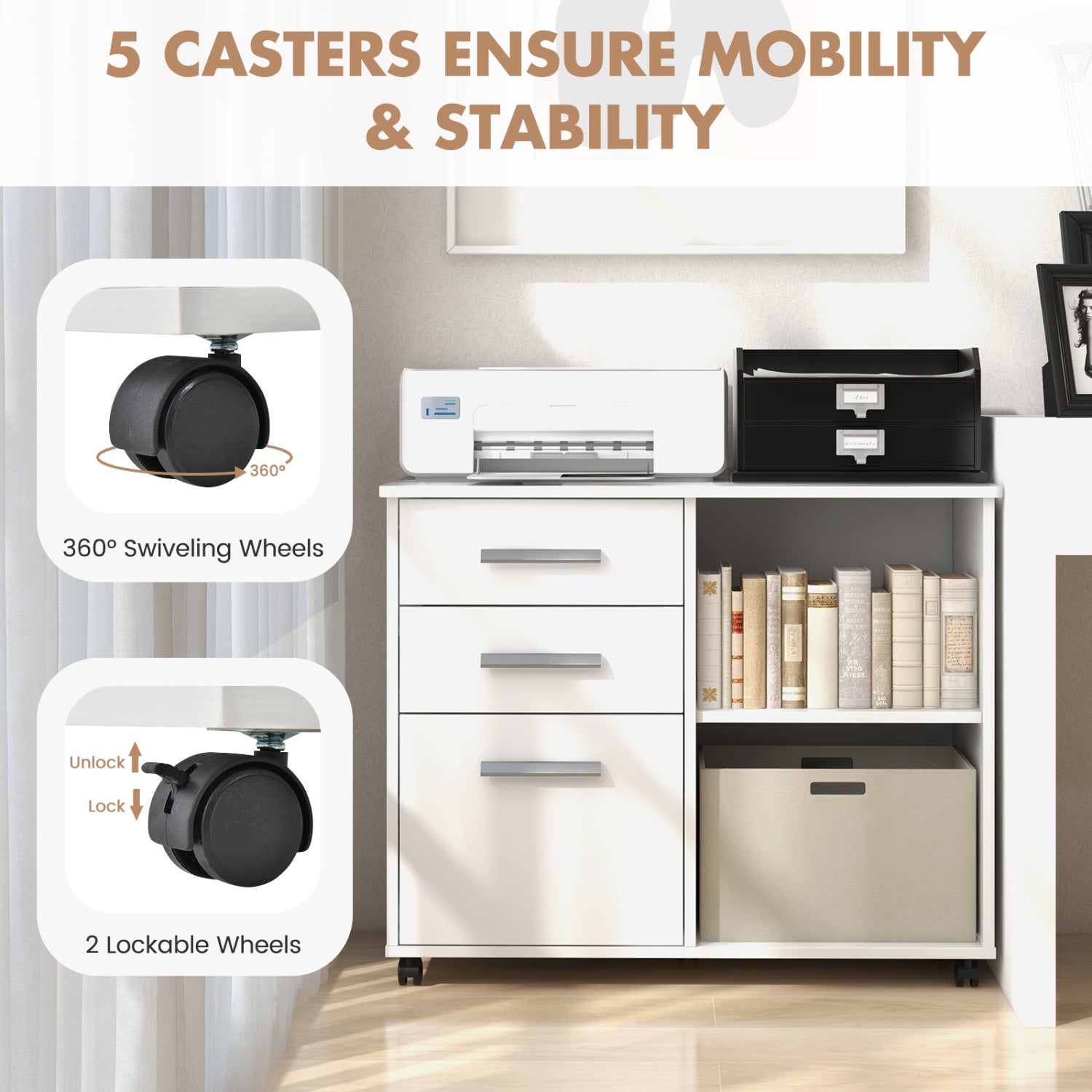 3-Drawer Mobile Lateral File Cabinet, Printer Stand, White File Cabinets at Gallery Canada