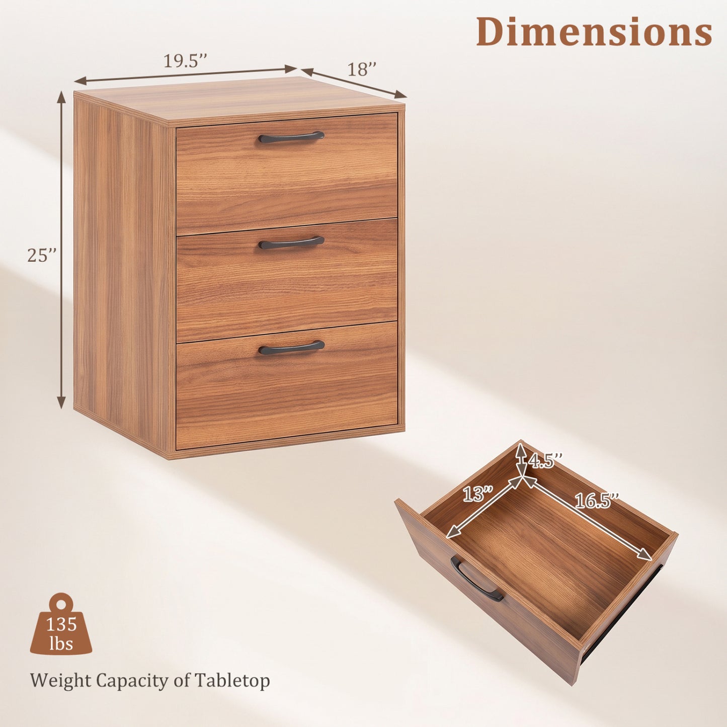 3 Drawer Nightstand Wood Grain Finish, Walnut