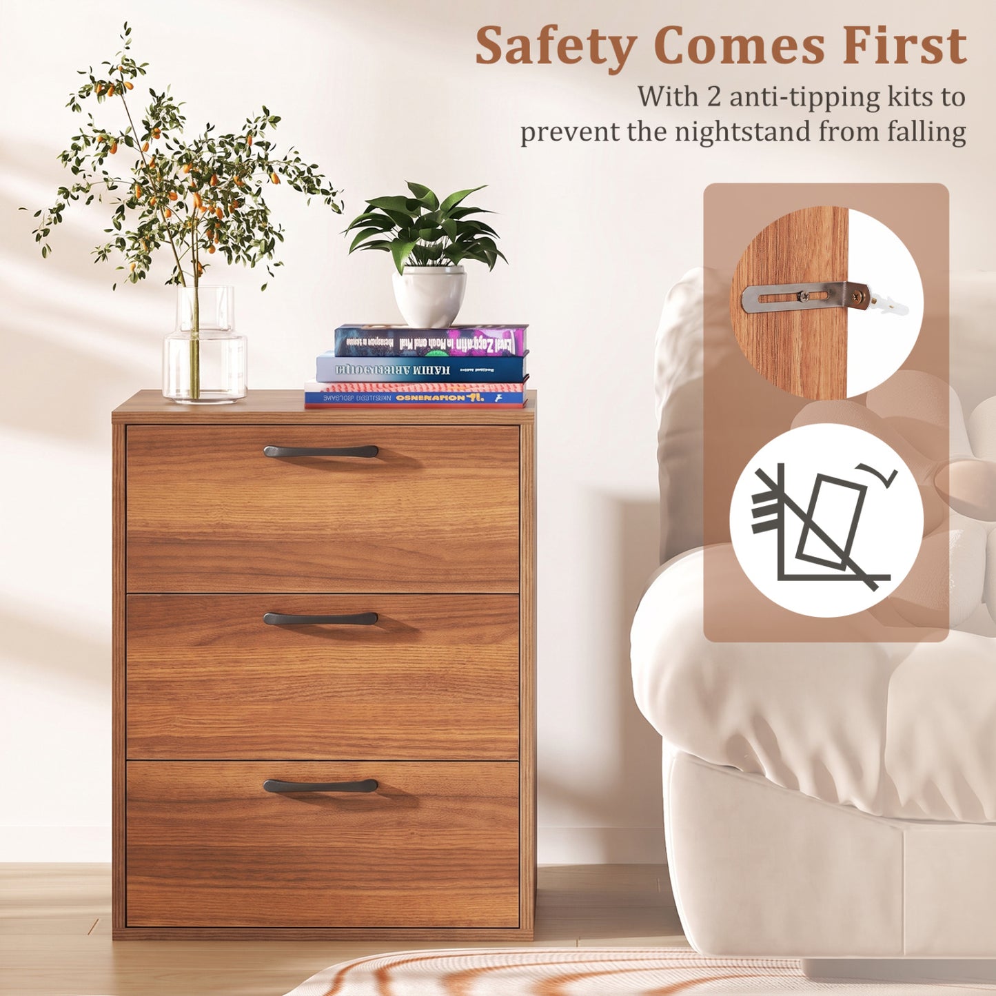 3 Drawer Nightstand Wood Grain Finish, Walnut