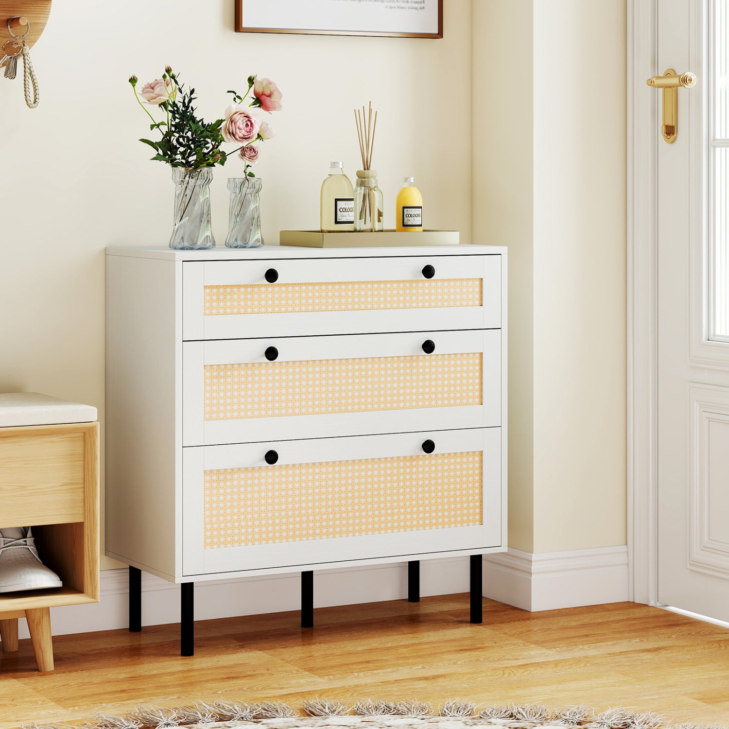 3-Drawer Rattan Nightstand, Boho Chest Of Drawers, White Dressers & Chests at Gallery Canada