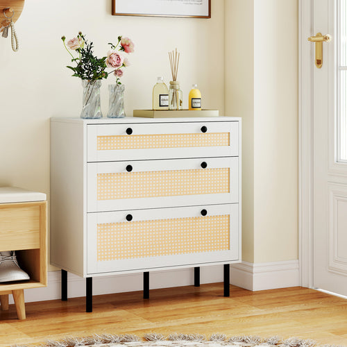 3-Drawer Rattan Nightstand, Boho Chest Of Drawers, White