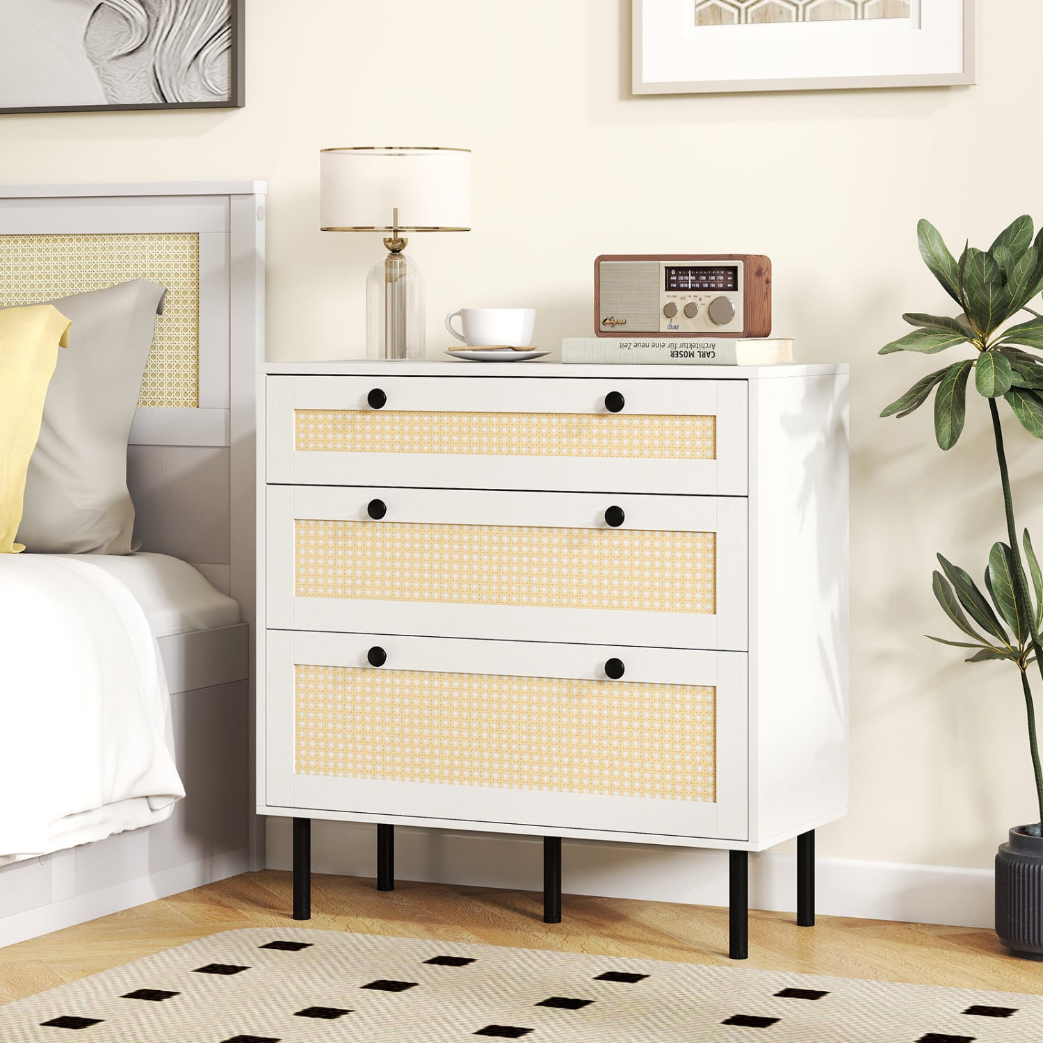 3-Drawer Rattan Nightstand, Boho Chest Of Drawers, White Dressers & Chests at Gallery Canada