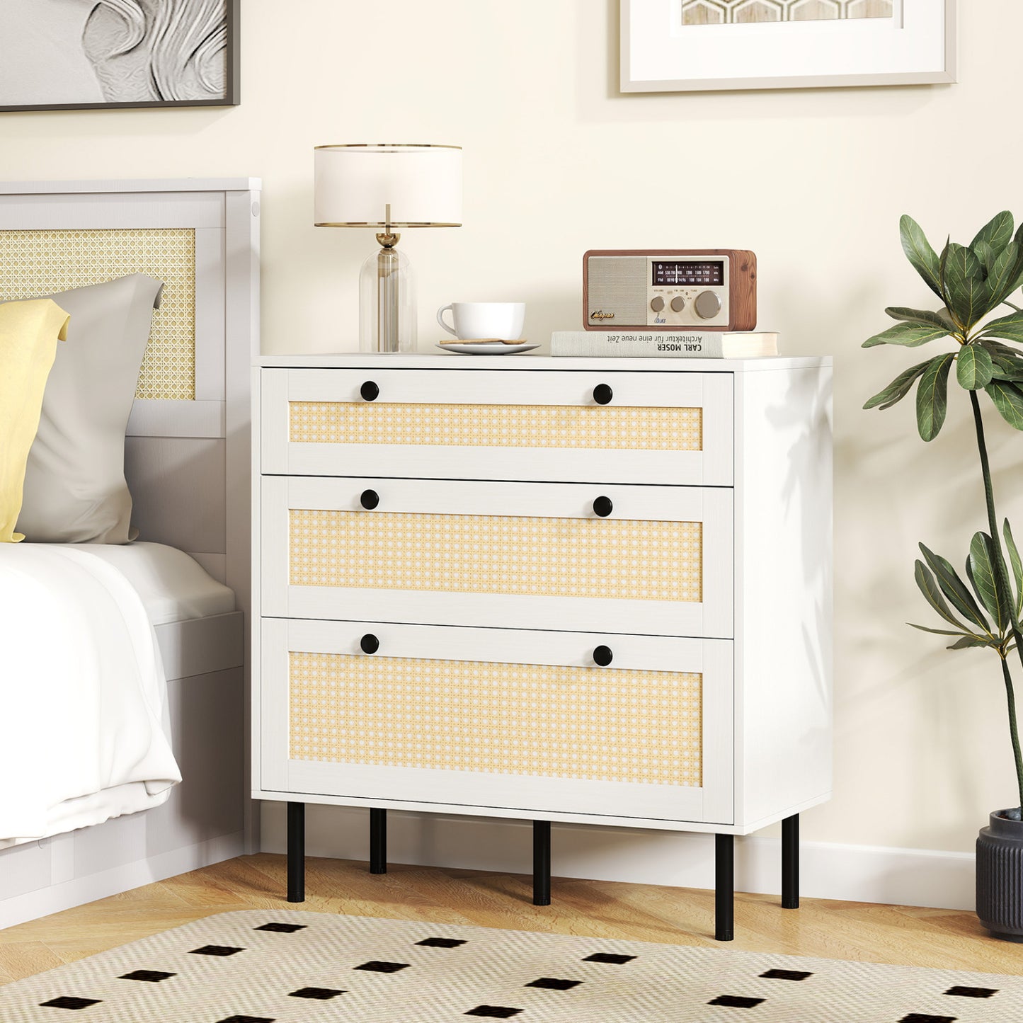 3-Drawer Rattan Nightstand, Boho Chest Of Drawers, White Dressers & Chests at Gallery Canada