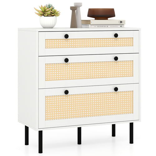3-Drawer Rattan Nightstand, Boho Chest Of Drawers, White