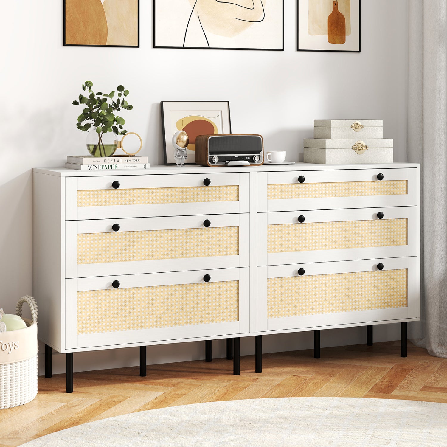 3-Drawer Rattan Nightstand, Boho Chest Of Drawers, White Dressers & Chests at Gallery Canada