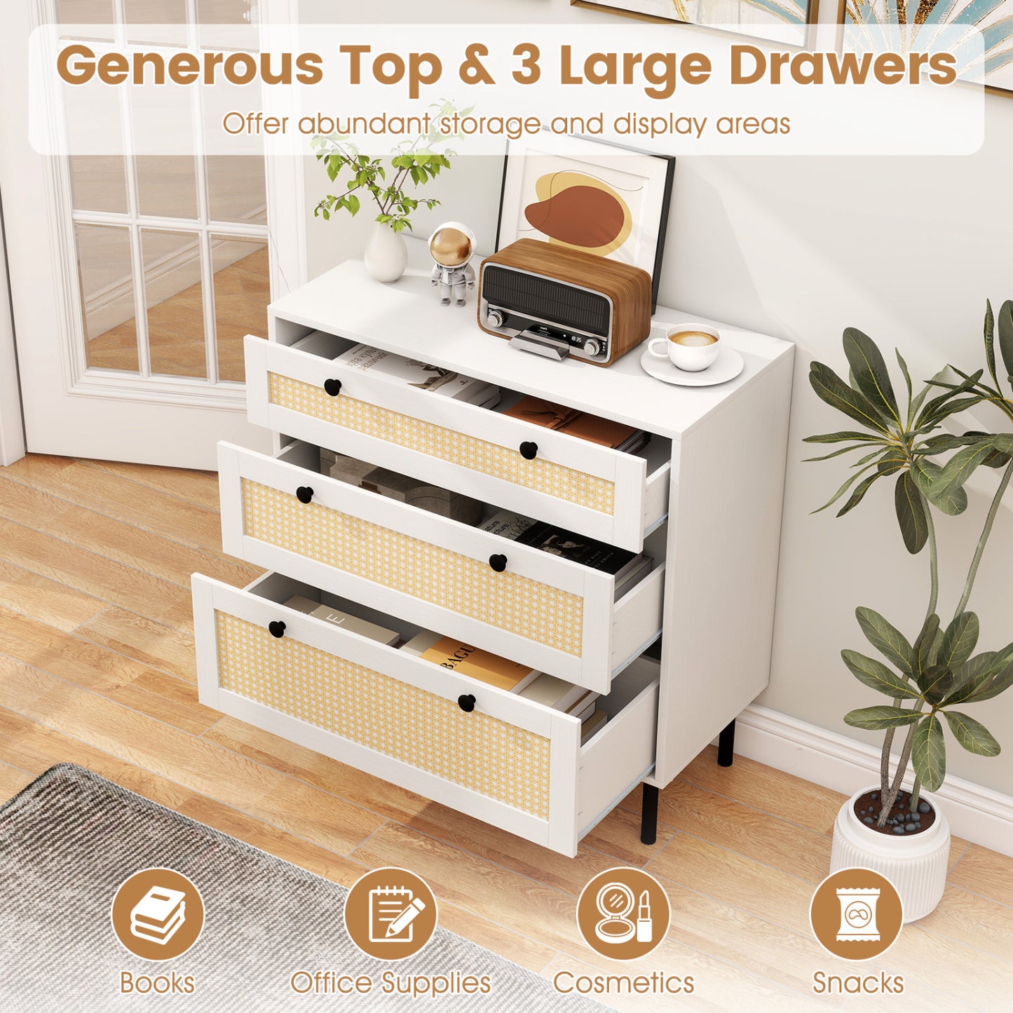 3-Drawer Rattan Nightstand, Boho Chest Of Drawers, White Dressers & Chests at Gallery Canada