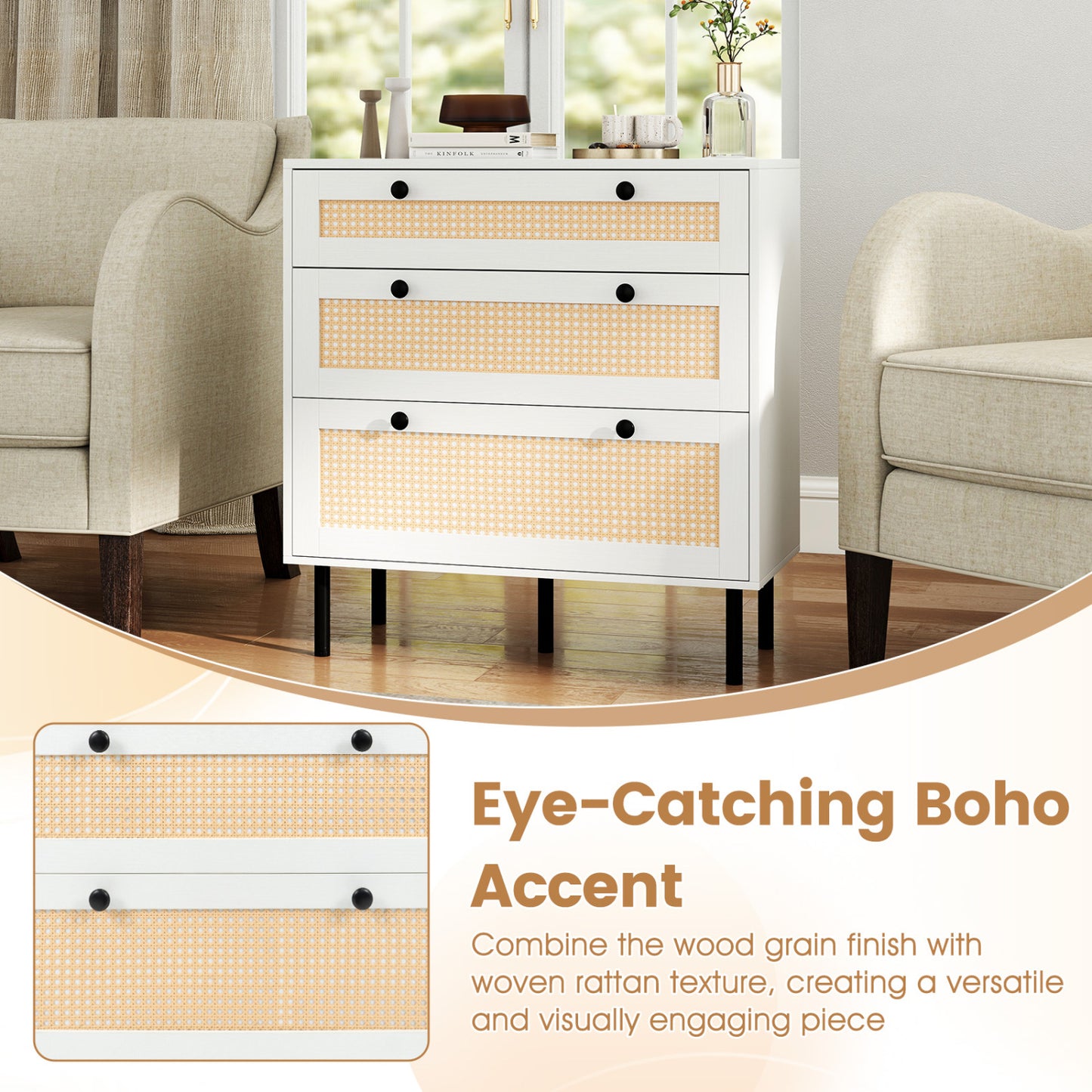 3-Drawer Rattan Nightstand, Boho Chest Of Drawers, White Dressers & Chests at Gallery Canada