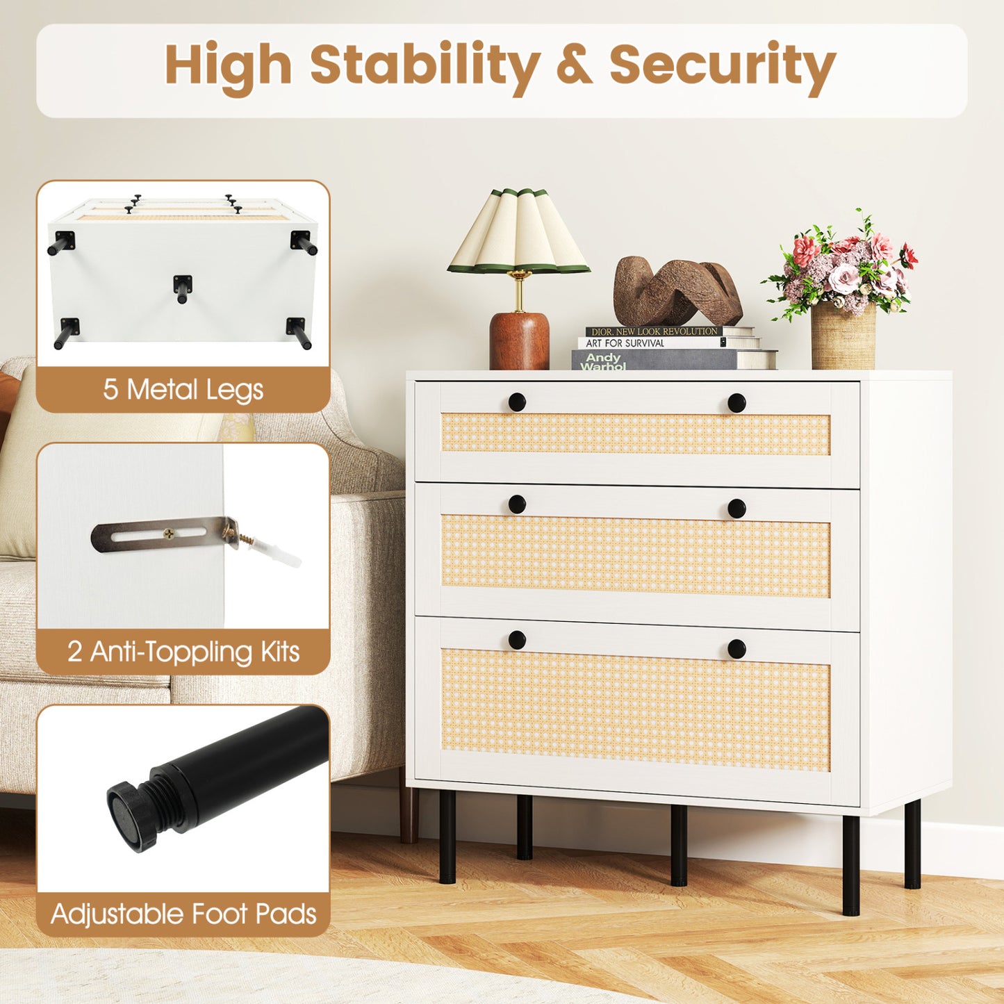 3-Drawer Rattan Nightstand, Boho Chest Of Drawers, White Dressers & Chests at Gallery Canada