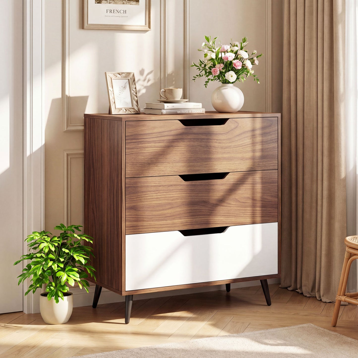 3-Drawer Rustic Farmhouse Wooden Storage Dresser, Walnut