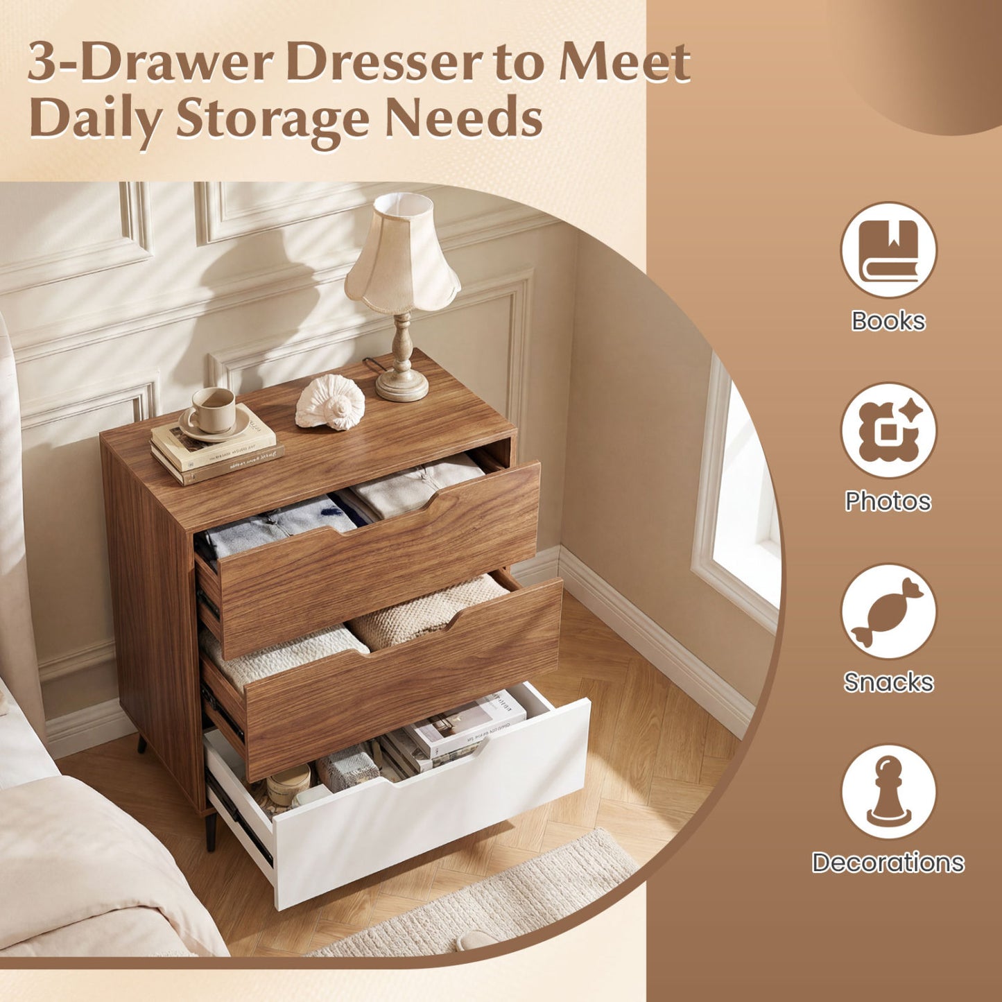 3-Drawer Rustic Farmhouse Wooden Storage Dresser, Walnut