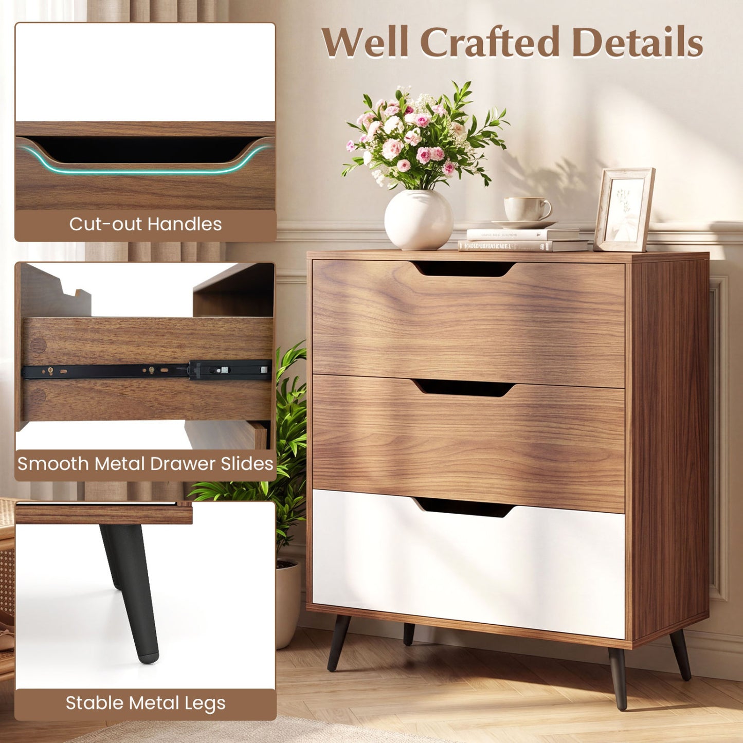 3-Drawer Rustic Farmhouse Wooden Storage Dresser, Walnut