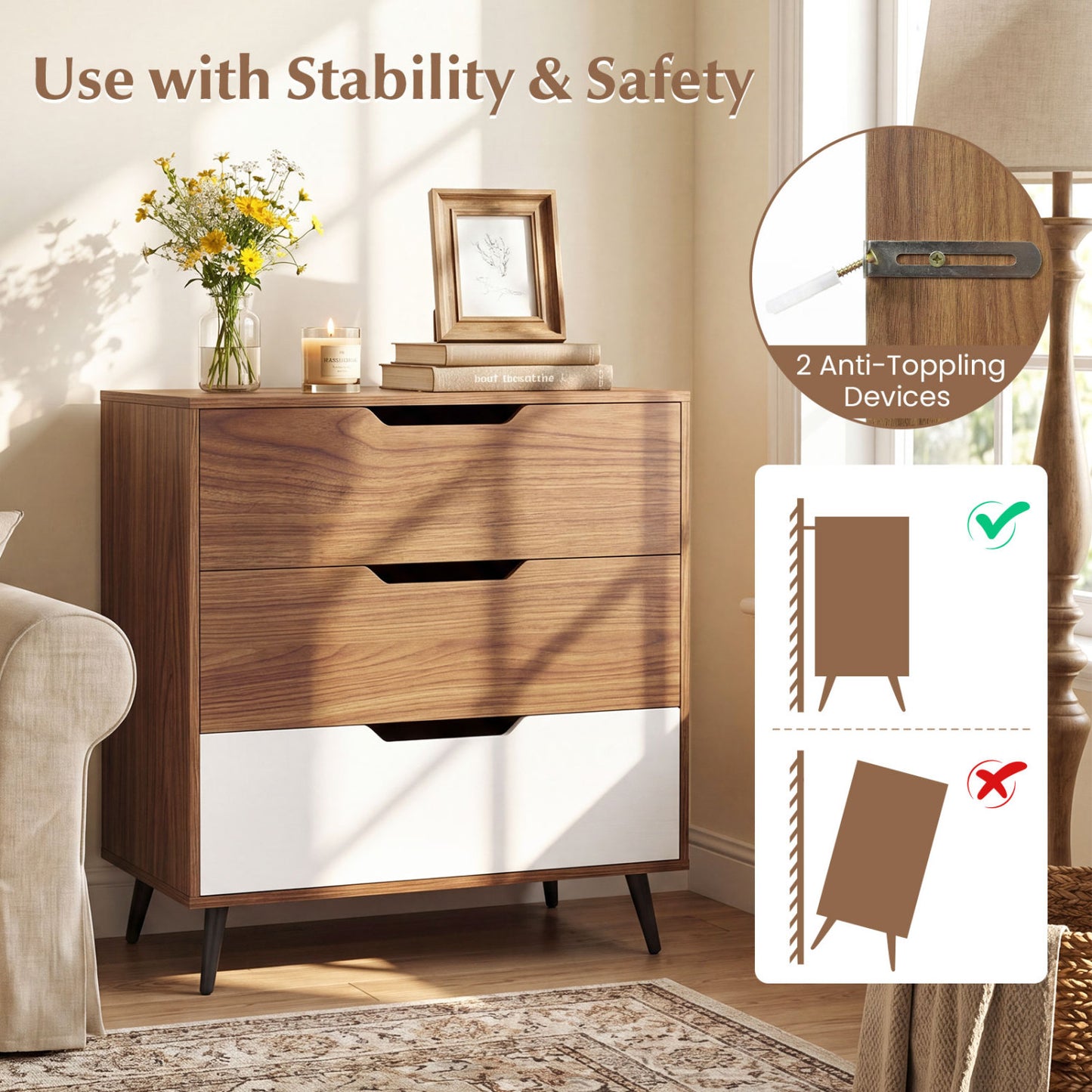 3-Drawer Rustic Farmhouse Wooden Storage Dresser, Walnut