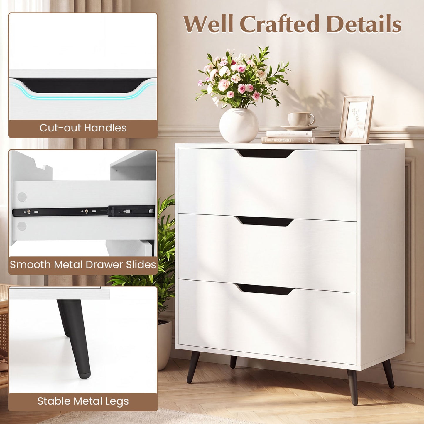 3-Drawer Rustic Farmhouse Wooden Dresser, White