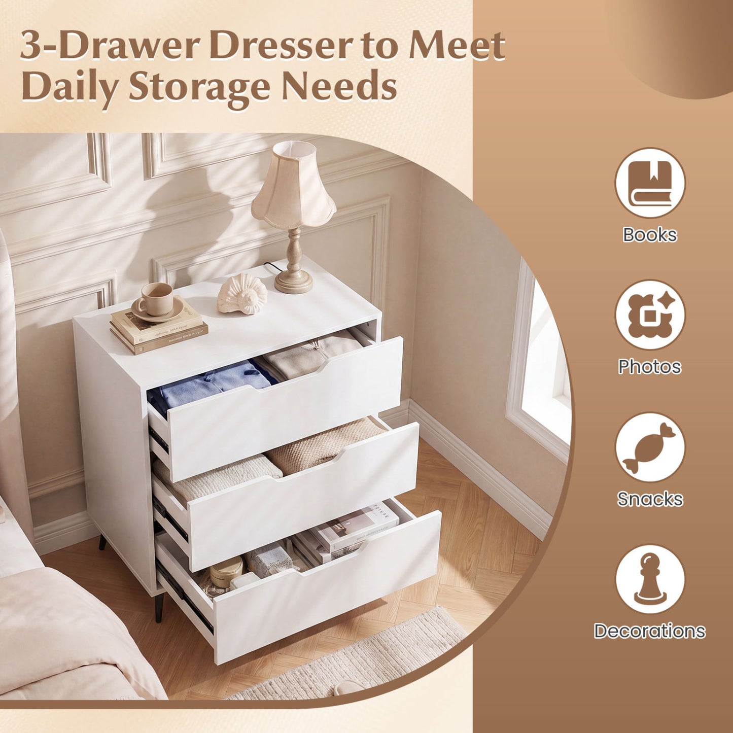 3-Drawer Rustic Farmhouse Wooden Dresser, White