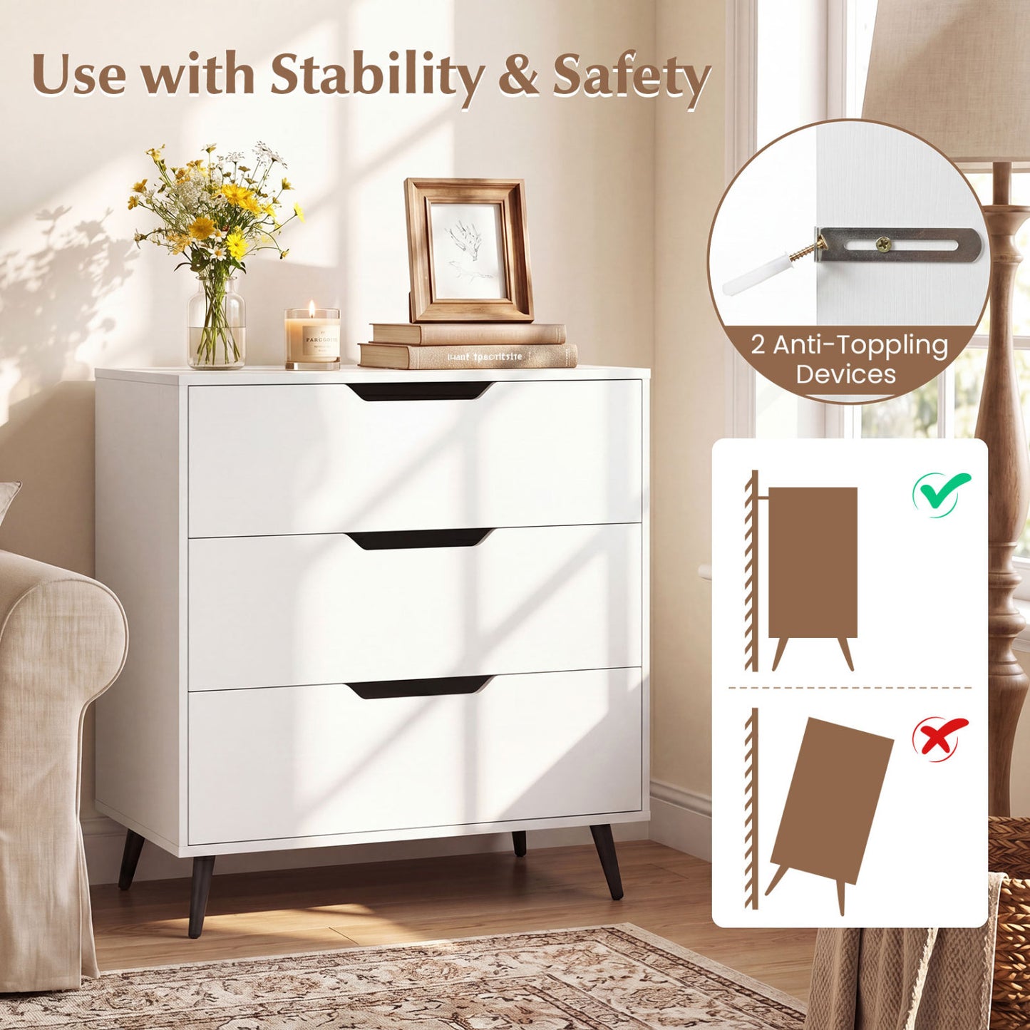 3-Drawer Rustic Farmhouse Wooden Dresser, White