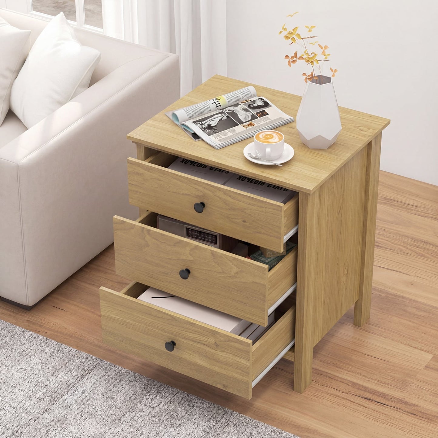 3-Drawer Wooden Nightstand Modern Bedside Table, Natural