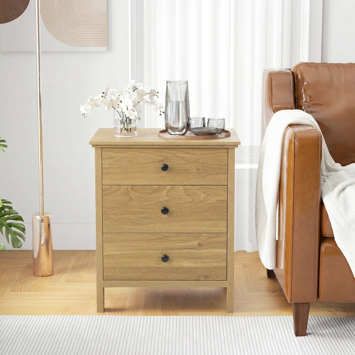 3-Drawer Wooden Nightstand Modern Bedside Table, Natural