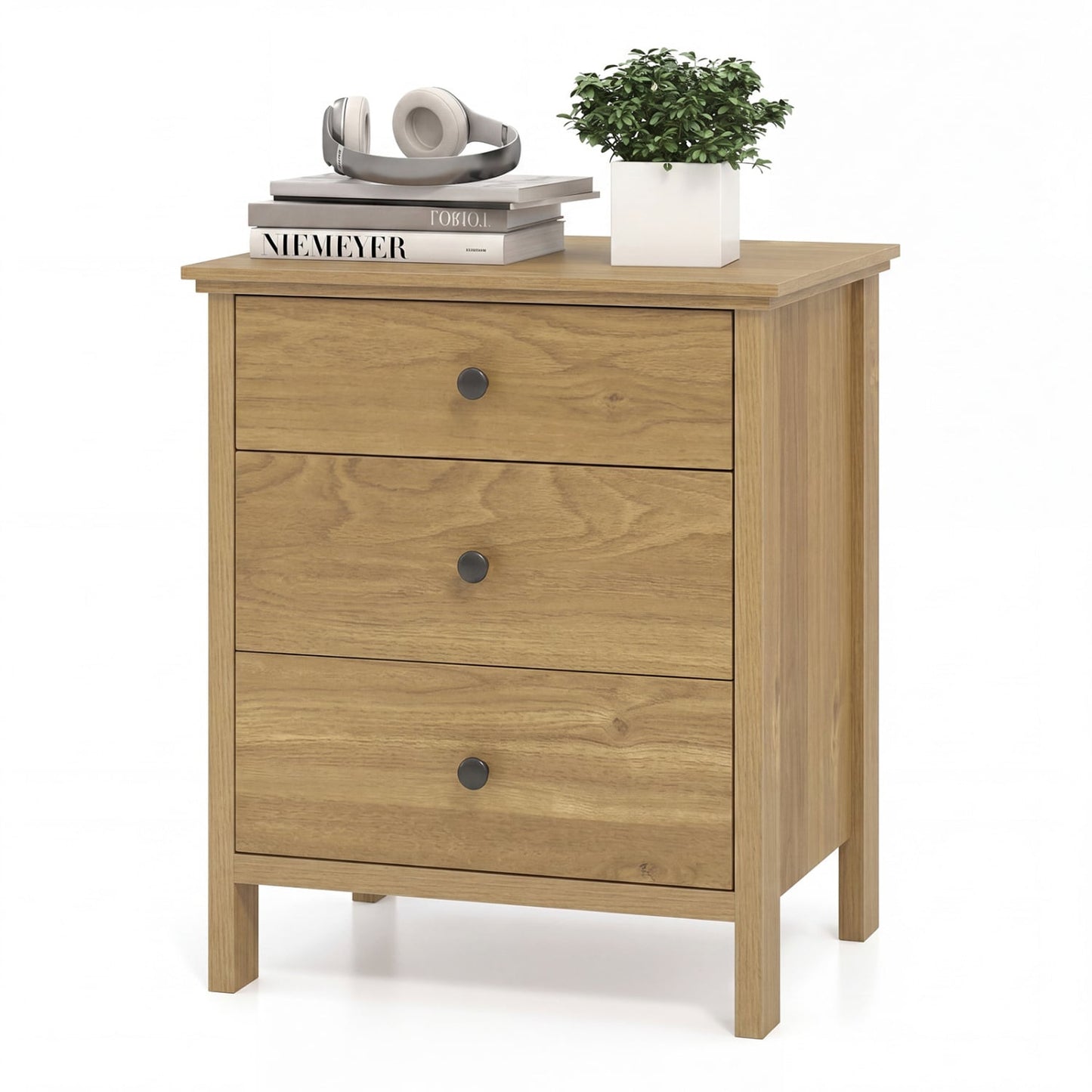 3-Drawer Wooden Nightstand Modern Bedside Table, Natural