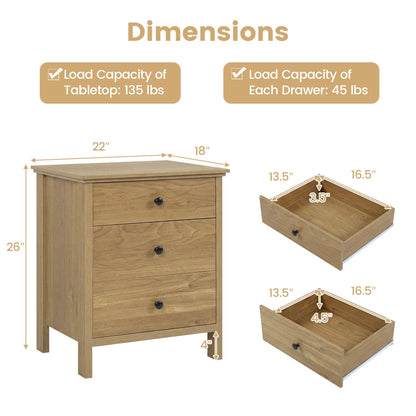 3-Drawer Wooden Nightstand Modern Bedside Table, Natural