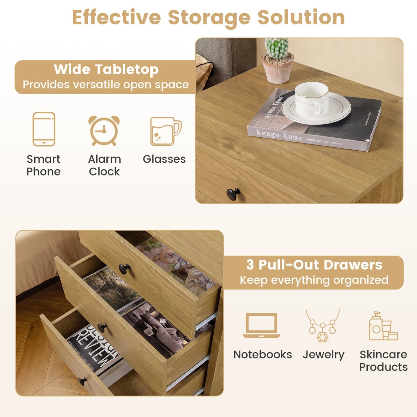 3-Drawer Wooden Nightstand Modern Bedside Table, Natural