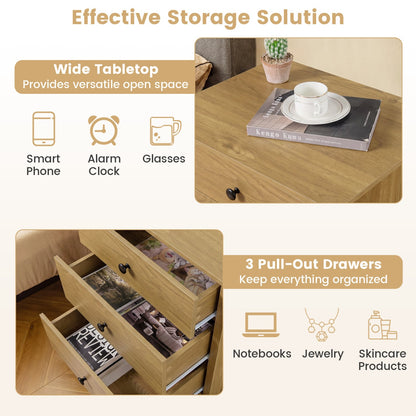 3-Drawer Wooden Nightstand Modern Bedside Table, Natural