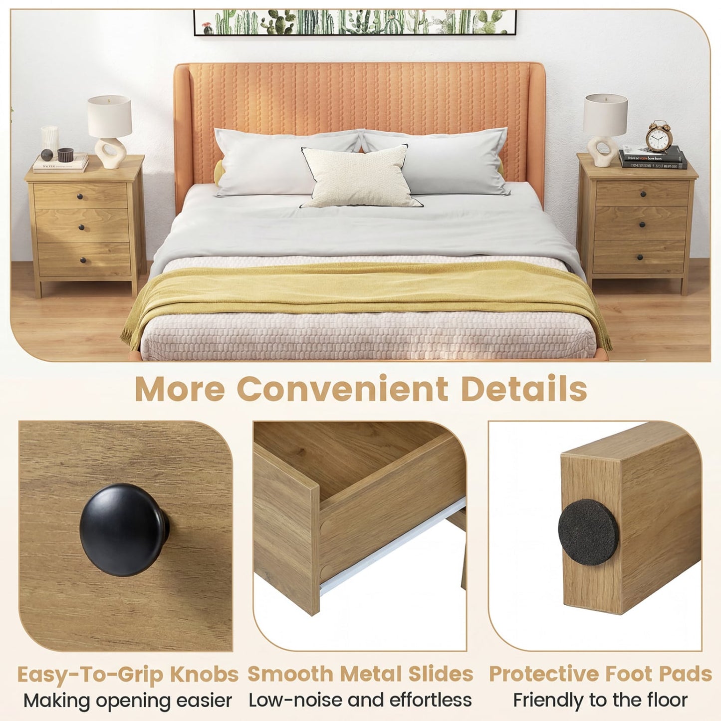 3-Drawer Wooden Nightstand Modern Bedside Table, Natural