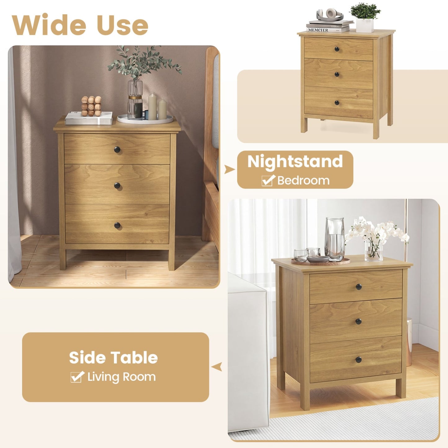 3-Drawer Wooden Nightstand Modern Bedside Table, Natural