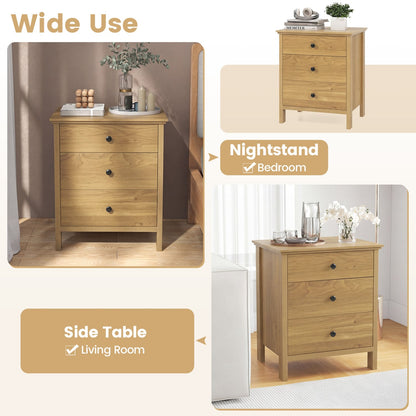 3-Drawer Wooden Nightstand Modern Bedside Table, Natural